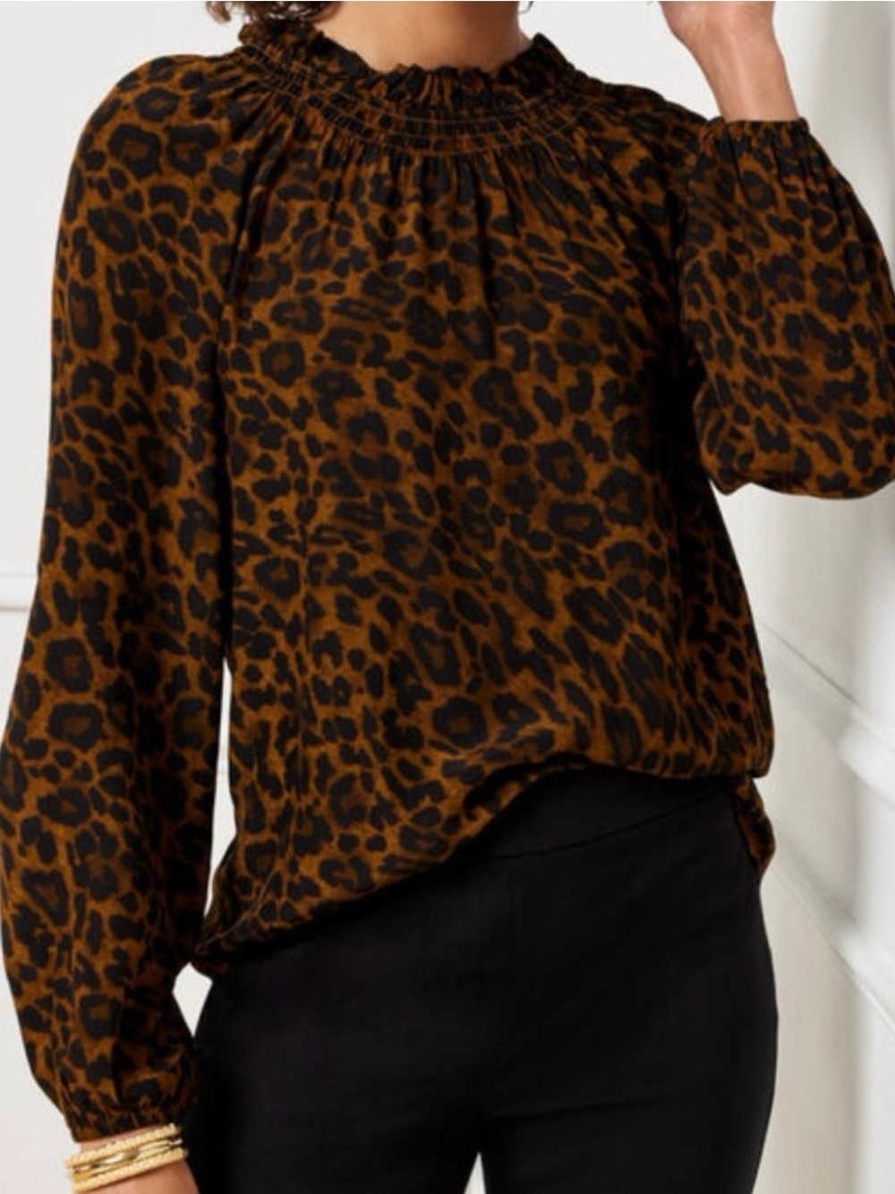 #539 TALBOTS Leopard Print Smocked Ruffle Neck Blouse - Brown/Black